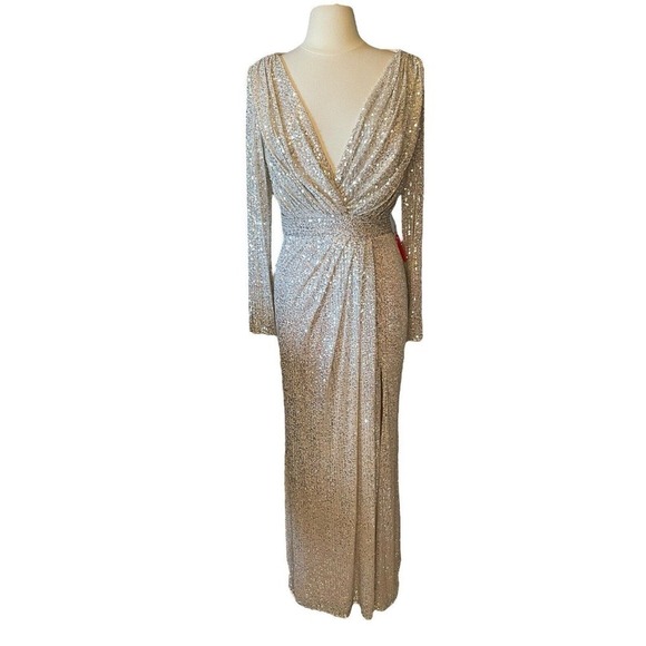 Ieena for Mac Duggal NEW 26490 Silver Sequined EveningGown Size 12 High Slit - Picture 2 of 11